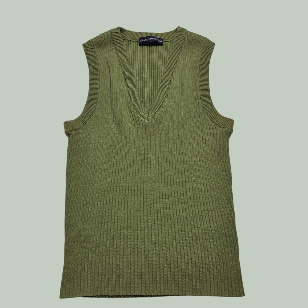 Brandy Melville Green Ribbed Knit V-Neck Sweater Vest Preppy Cotton One Size
